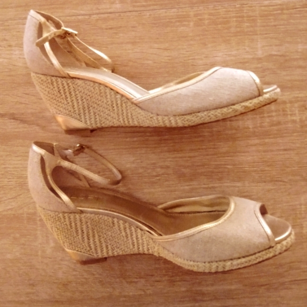 Wedge Peep-Toe Ankle-Strap Sandals in Beige